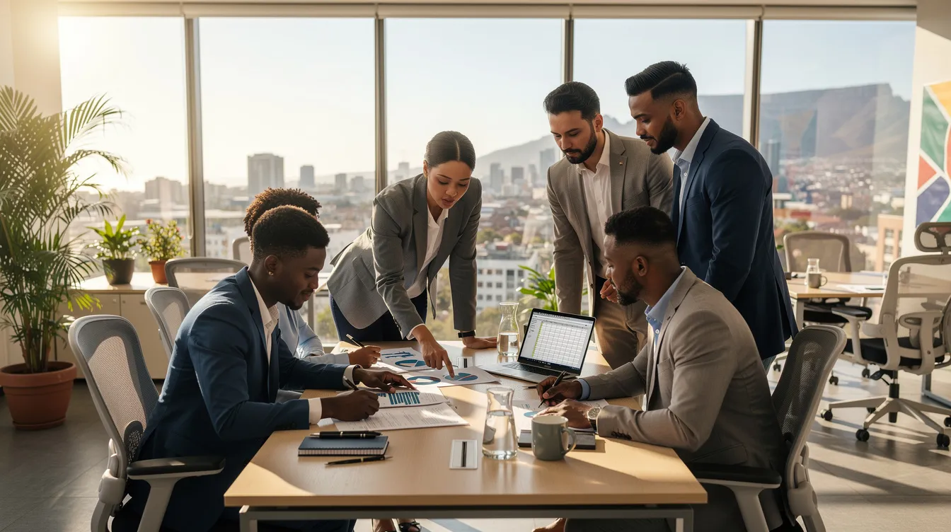 The image depicts a modern South African office where professionals are actively reviewing documents at a desk, emphasizing a collaborative environment for lawful processing of personal information. This setting highlights the importance of ensuring POPI compliance and protecting personal information within both public and private bodies.