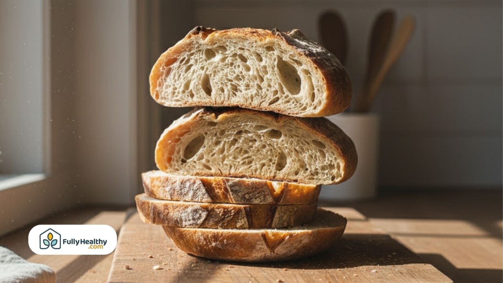 Sliced sourdough bread showing airy crumb and natural fermentation texture.
