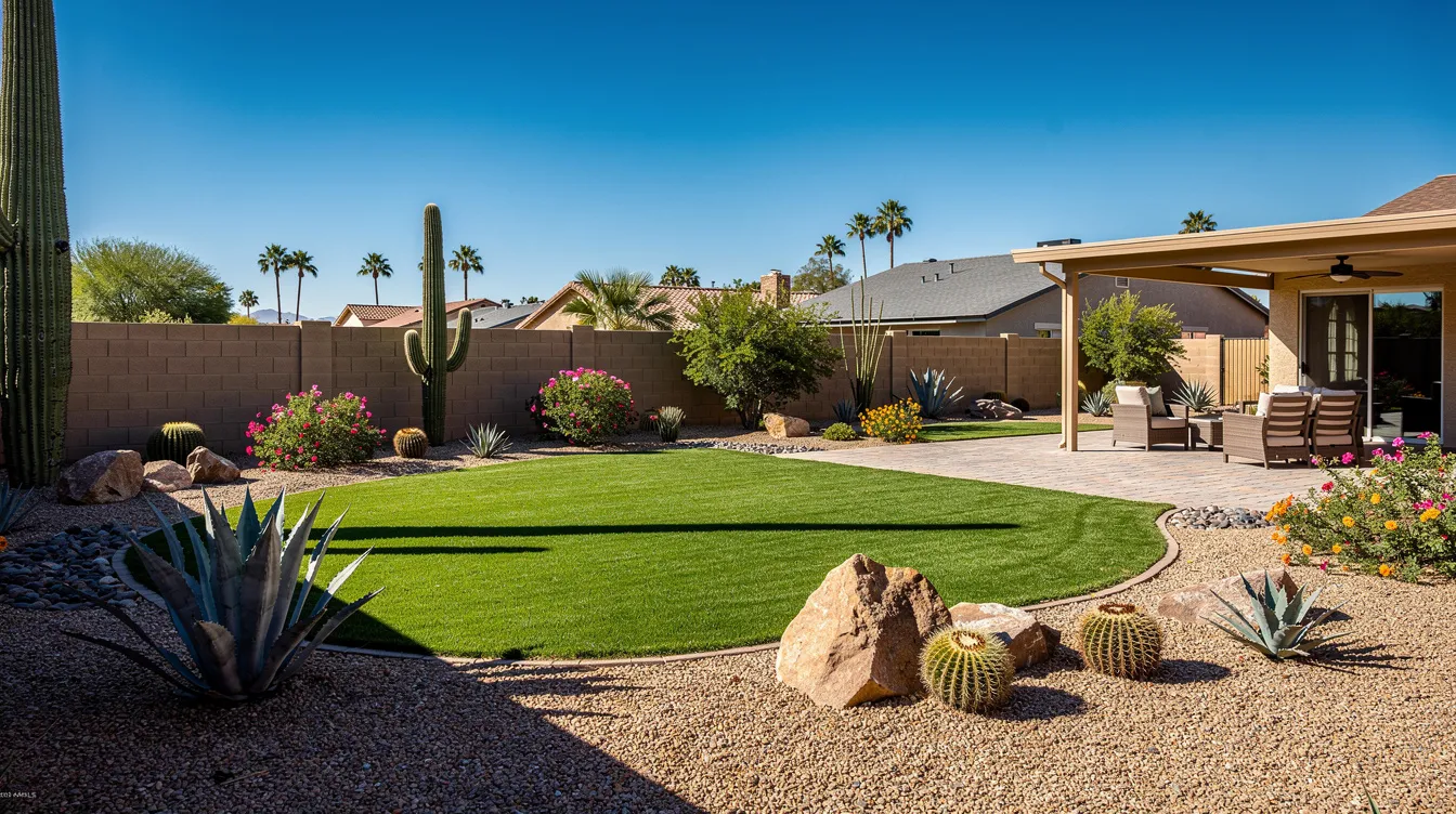 The image depicts a sunny residential backyard in Phoenix, Arizona, featuring lush green grass and desert landscaping elements. The scene conveys a sense of tranquility, ideal for enjoying the outdoors in a typical home setting.