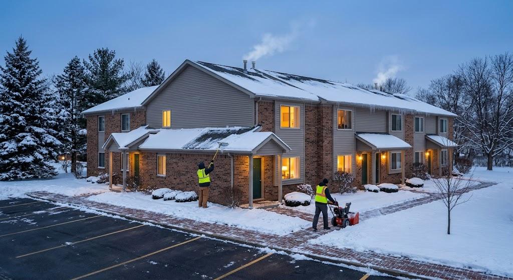 Contractors conducting regular inspections and exterior winter care on multiple properties, clearing roof snow near the hvac system and keeping walkways clear for tenant responsibilities.