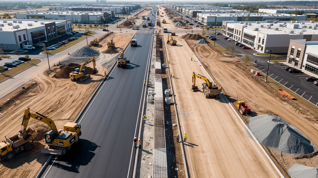An aerial view captures a multi-lane highway under construction, showcasing heavy equipment and earthwork alongside commercial buildings. This scene highlights the complexities of managing construction contracts, where effective risk management is essential to address potential delays and ensure compliance with contractual obligations.