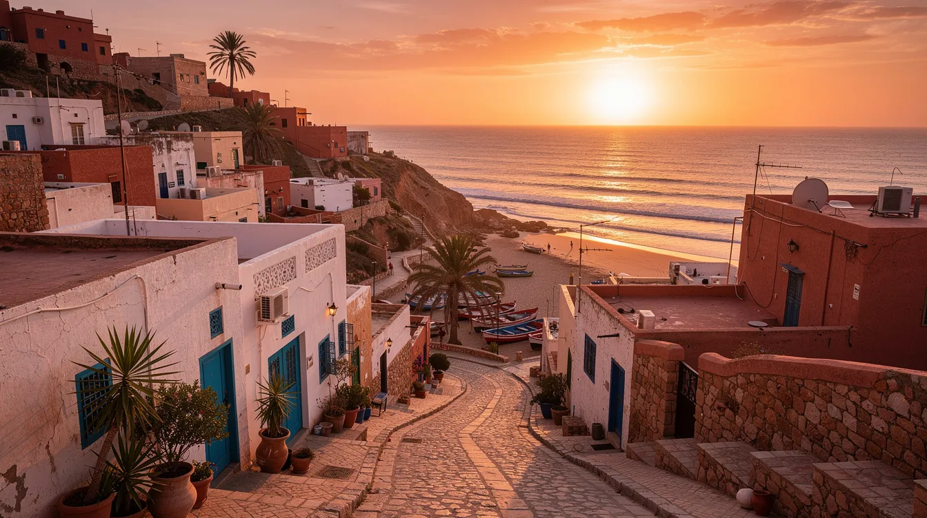 The image depicts a picturesque Moroccan coastal village at sunset, showcasing traditional buildings with a stunning view of the Atlantic Ocean. The scene reflects the relaxed atmosphere of Morocco's surf scene, hinting at nearby surf spots and the rich local culture.
