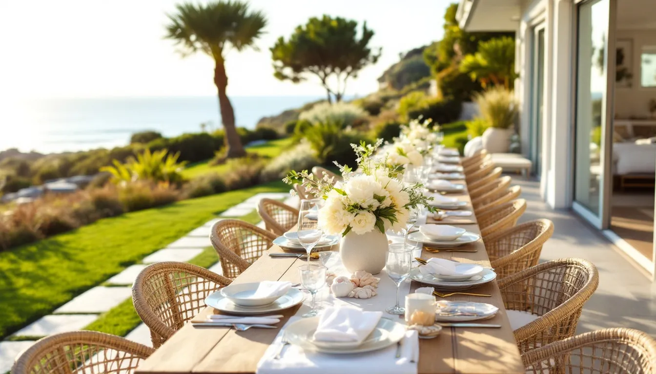 Al fresco dining setup showcasing coastal inspired dinner party elements.
