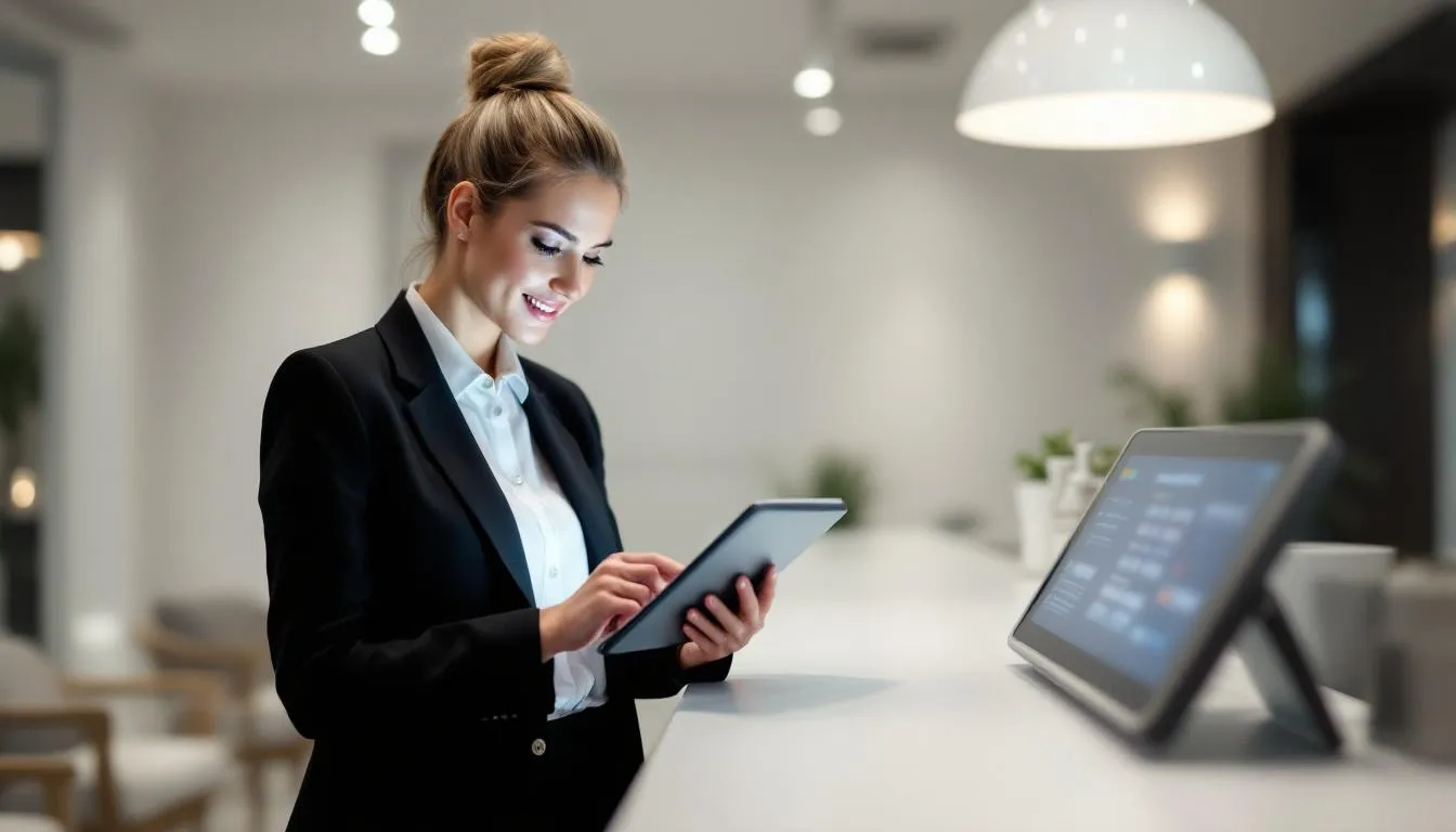 Un profesional en un salón de belleza utiliza tecnología moderna para gestionar citas, mostrando una pantalla con un software de organización. En el fondo, se pueden ver productos de estética y herramientas de trabajo, como tijeras y secadores, que son esenciales para ofrecer un buen servicio a los clientes.