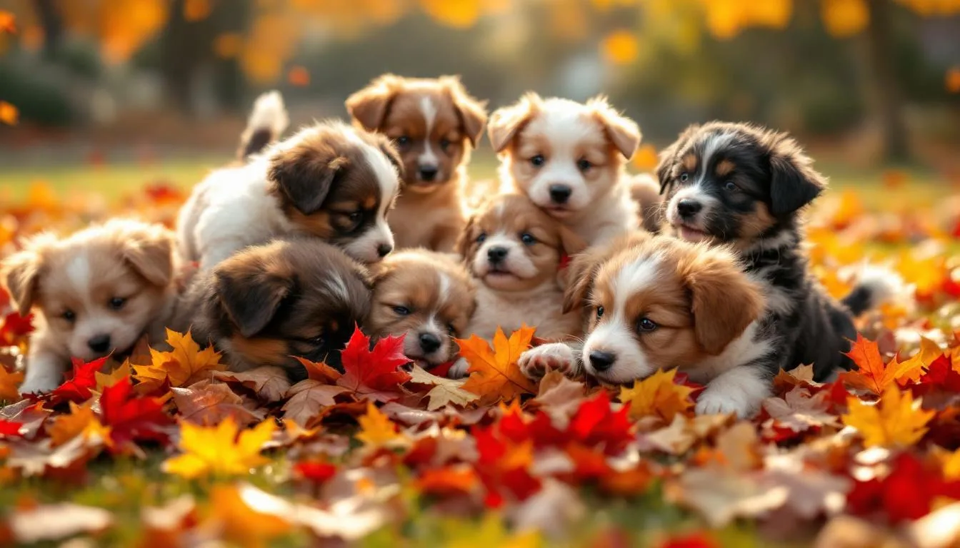In this image, a group of adorable puppies playfully tumbles in a pile of brightly colored autumn leaves, surrounded by the warm hues of fall. Their joyful antics capture the essence of this beautiful season, making it a perfect scene for anyone looking for inspiration for cute fall dog names.