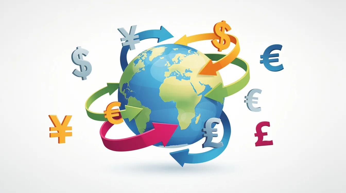The image depicts a globe adorned with various illustrated currency symbols and arrows, representing the flow of international money transfers. This visual emphasizes the concepts of ACH and wire transfers, showcasing how electronic payments move across borders between financial institutions.