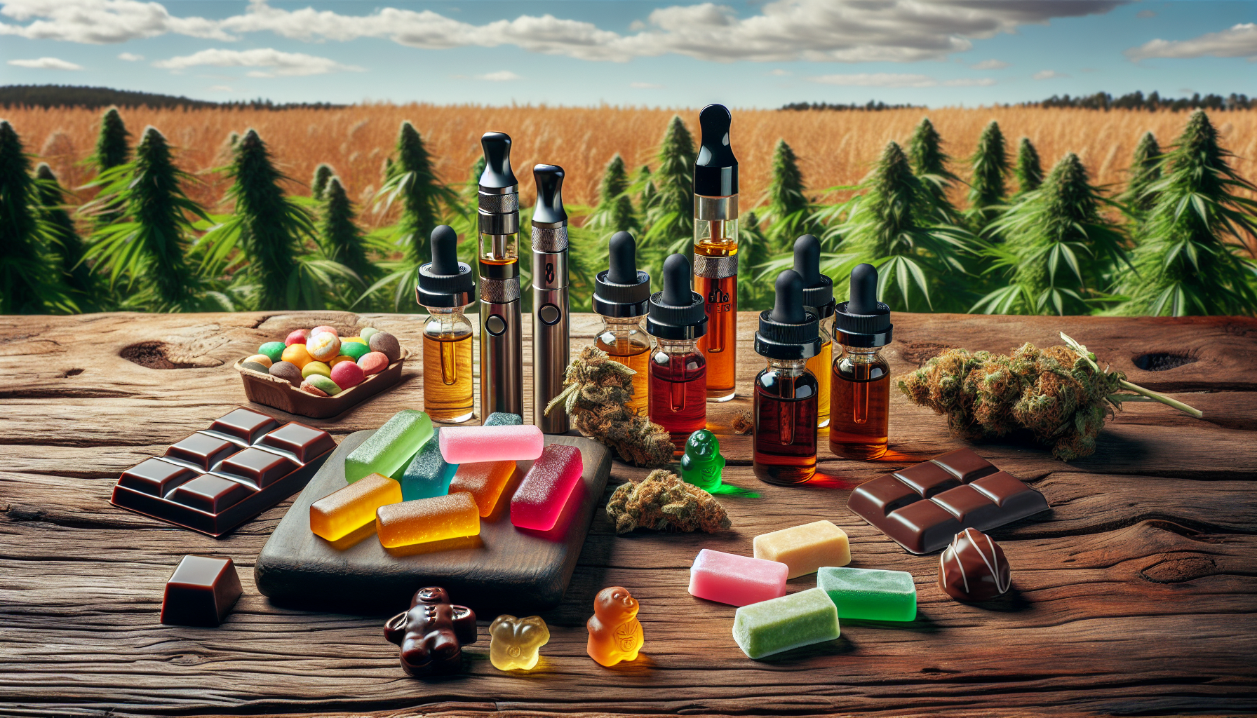 Various Delta 8 THC products including vape cartridges, edibles, and tinctures