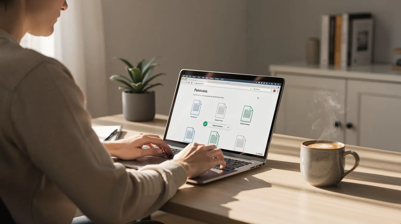 A person is sitting at a home desk, focused on uploading documents to a laptop computer, with a cup of coffee placed nearby. The scene captures a casual yet productive atmosphere, possibly related to 公務員 職位 applications in the 香港 特別 行政區.