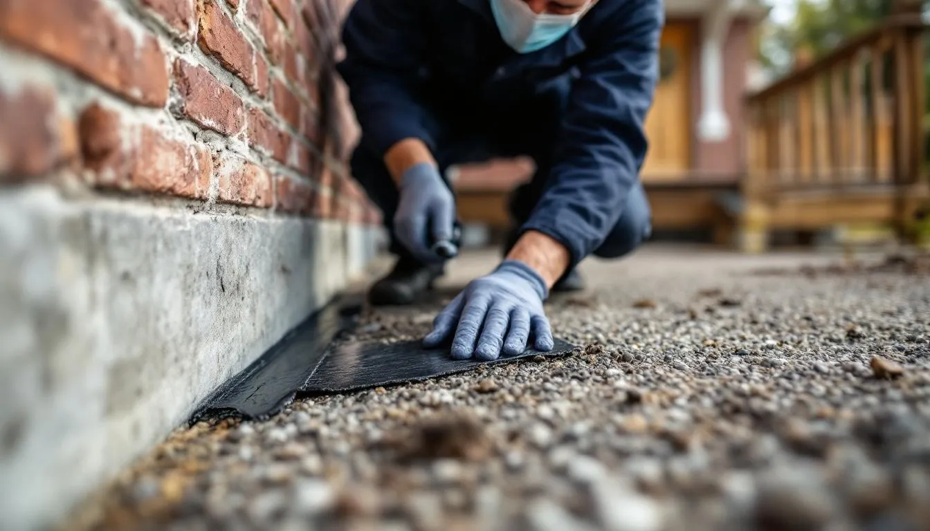 A professional technician is sealing rodent entry points around a building foundation to prevent future infestations. The image shows the technician wearing rubber gloves and using a disinfectant solution to clean affected areas where rodent droppings and urine stains were found, highlighting the importance of rodent waste cleanup for maintaining indoor air quality and preventing health risks.