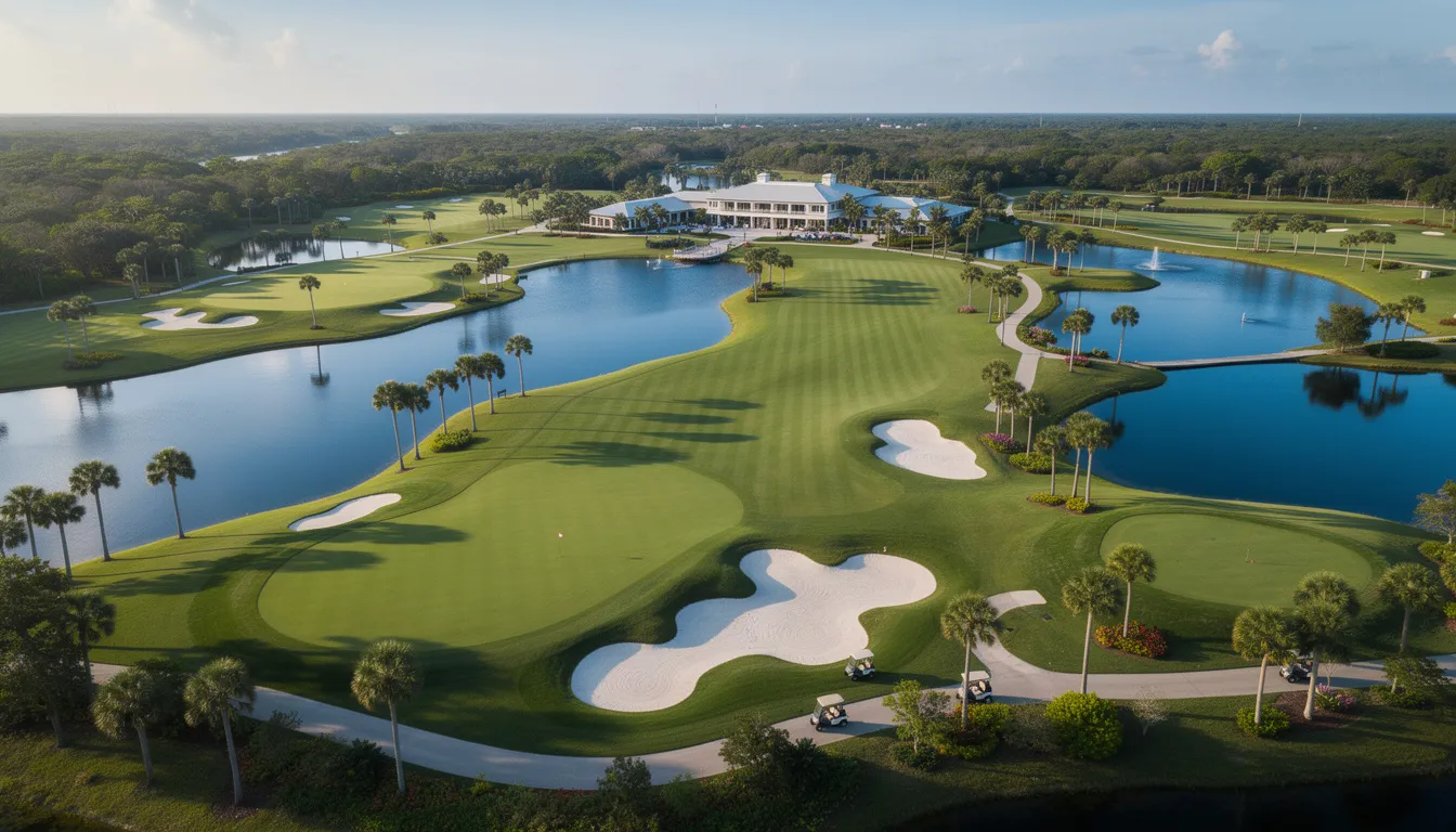 An aerial view showcases a championship golf course in Fort Myers, Florida, featuring multiple water hazards and strategically placed bunkers amidst the lush green fairways. The image highlights the natural beauty of the course, which offers a challenging yet enjoyable experience for golfers of all skill levels.