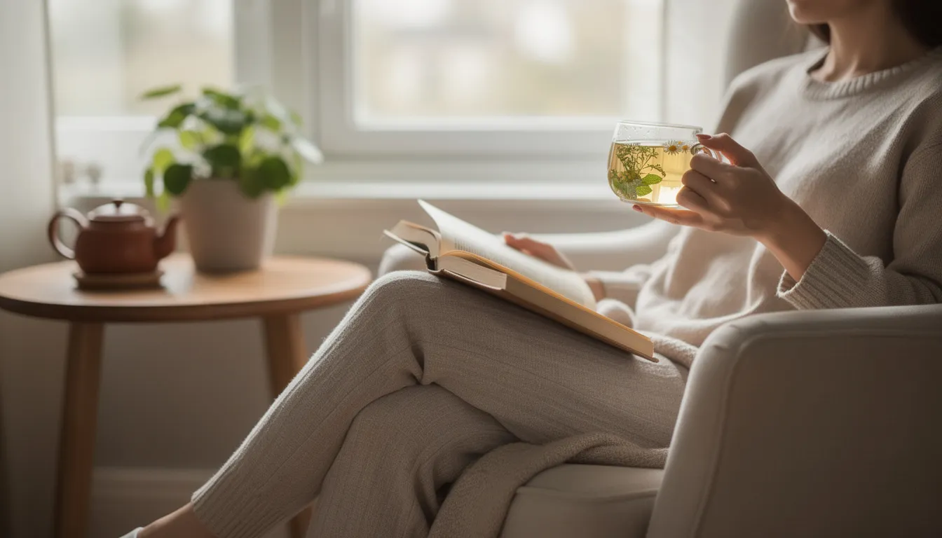Eine Person sitzt entspannt in einer gemütlichen Umgebung, während sie einen Kräutertee genießt und ein Buch liest, was auf einen bewussten Umgang mit der eigenen Zeit hinweist. Diese Szene könnte auch die Verbindung zur Hanfpflanze und deren positiven Eigenschaften symbolisieren.