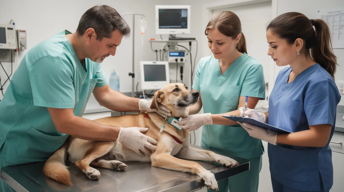 A veterinary team is carefully drawing blood from a calm dog on an examination table to conduct diagnostic testing. This procedure is essential for identifying potential conditions such as adrenal insufficiency, which can lead to symptoms similar to those seen in Addison's disease.