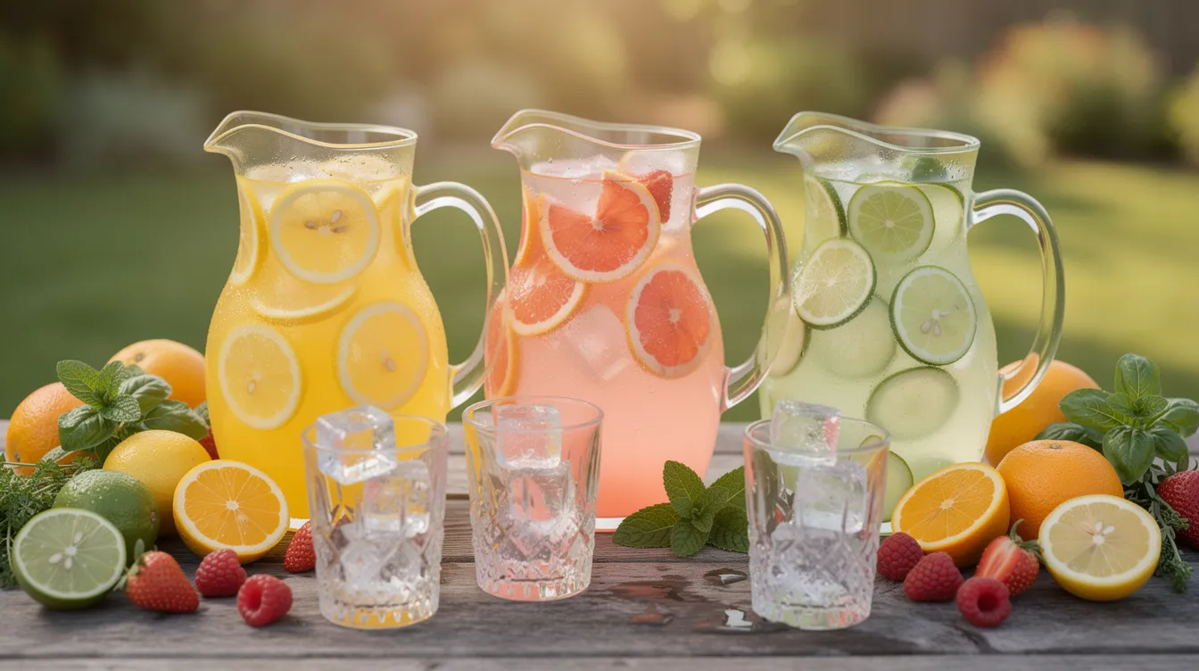 Kolorowe lemoniady herbaciane podane w dzbankach na letnim przyjęciu