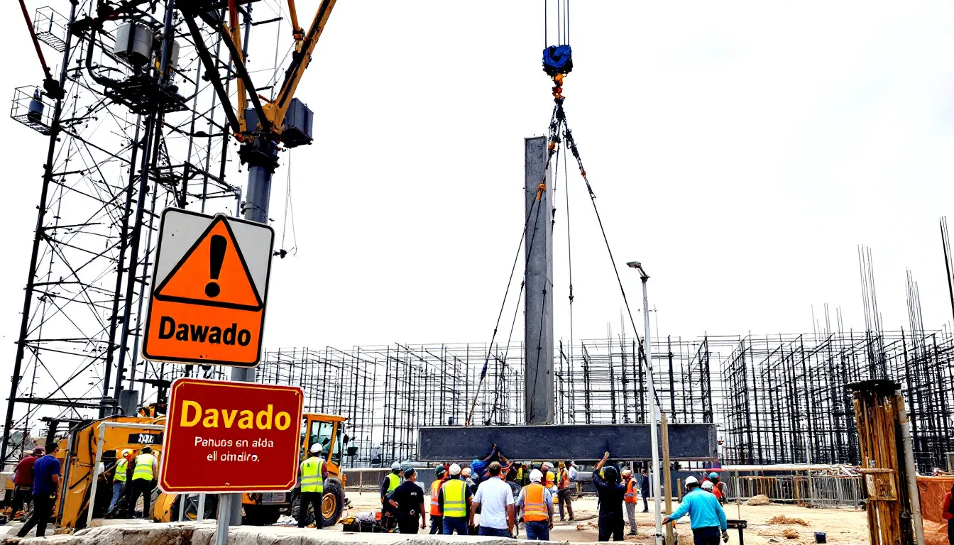 In the image, a construction site is depicted with security personnel monitoring the area, showcasing robust security measures such as surveillance cameras and access control systems to protect valuable assets and enhance worker safety. The scene emphasizes the importance of implementing effective construction site security to prevent potential security risks and ensure a secure environment for construction workers.