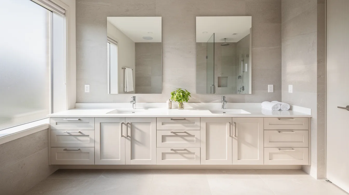 The image depicts a spacious bathroom featuring a stylish double vanity illuminated by natural light, creating an inviting atmosphere. The modern fixtures and decorative elements enhance the overall aesthetic, making it a perfect example of a bathroom remodel.
