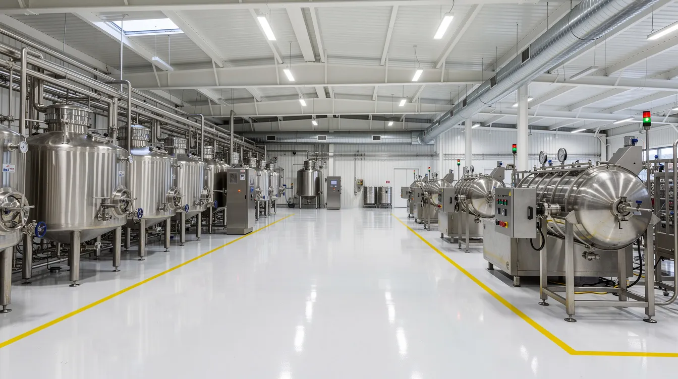 The image depicts large stainless steel industrial processing tanks and centrifuge equipment within a modern food manufacturing facility, designed for the production of pulse protein isolates. This setup emphasizes the importance of efficient processing technology in creating nutritious plant-based proteins, such as chickpea and pea proteins, essential for dietary protein formulations.