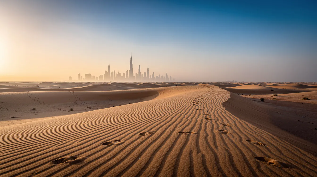 A imagem mostra as vastas dunas do deserto de Dubai, com suas altas formações de areia que se estendem até onde a vista alcança. Algumas duna estão decoradas com camelos, que são uma parte importante da cultura árabe e atraem turistas em busca de experiências únicas no deserto.