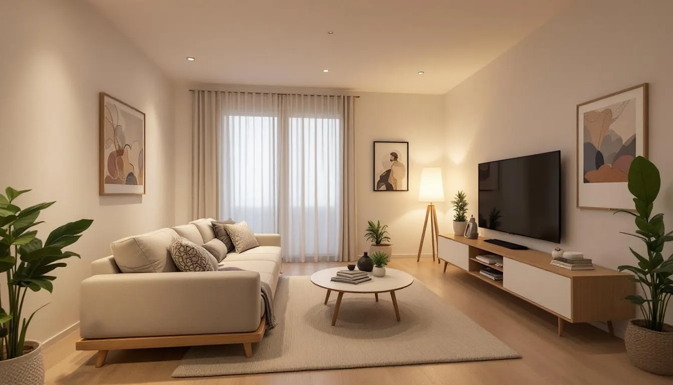 The image depicts a cozy and inviting Airbnb rental property, showcasing a well-decorated living area with modern furnishings and warm lighting. This residential rental property is designed to attract guests, highlighting its potential for rental income and the various tax benefits property owners can claim, such as bonus depreciation on qualifying improvements.