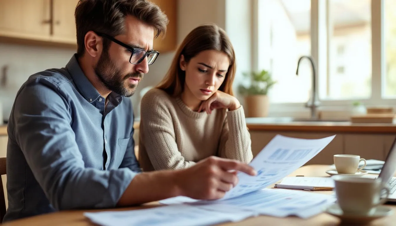 A worried couple sits at a table, reviewing financial statements that reveal planning mistakes in their retirement journey. They appear concerned about their financial future and the impact on their retirement goals, as they navigate their retirement plan and consider the advice of financial advisors.