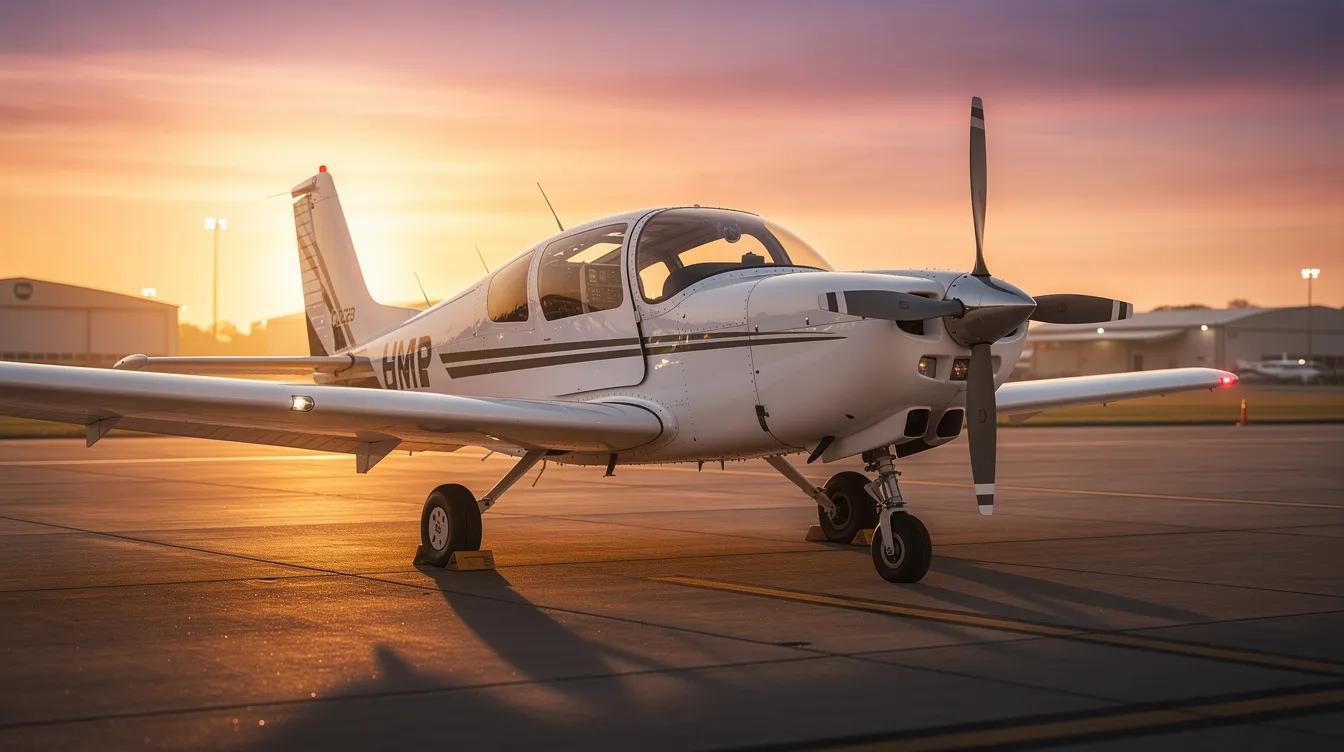 A small training airplane is parked on a ramp, silhouetted against a vibrant sunset sky, symbolizing the journey of aviation students in their flight training progress. The scene captures a moment of calm before the next lesson, reflecting the dedication of future pilots and their instructors.