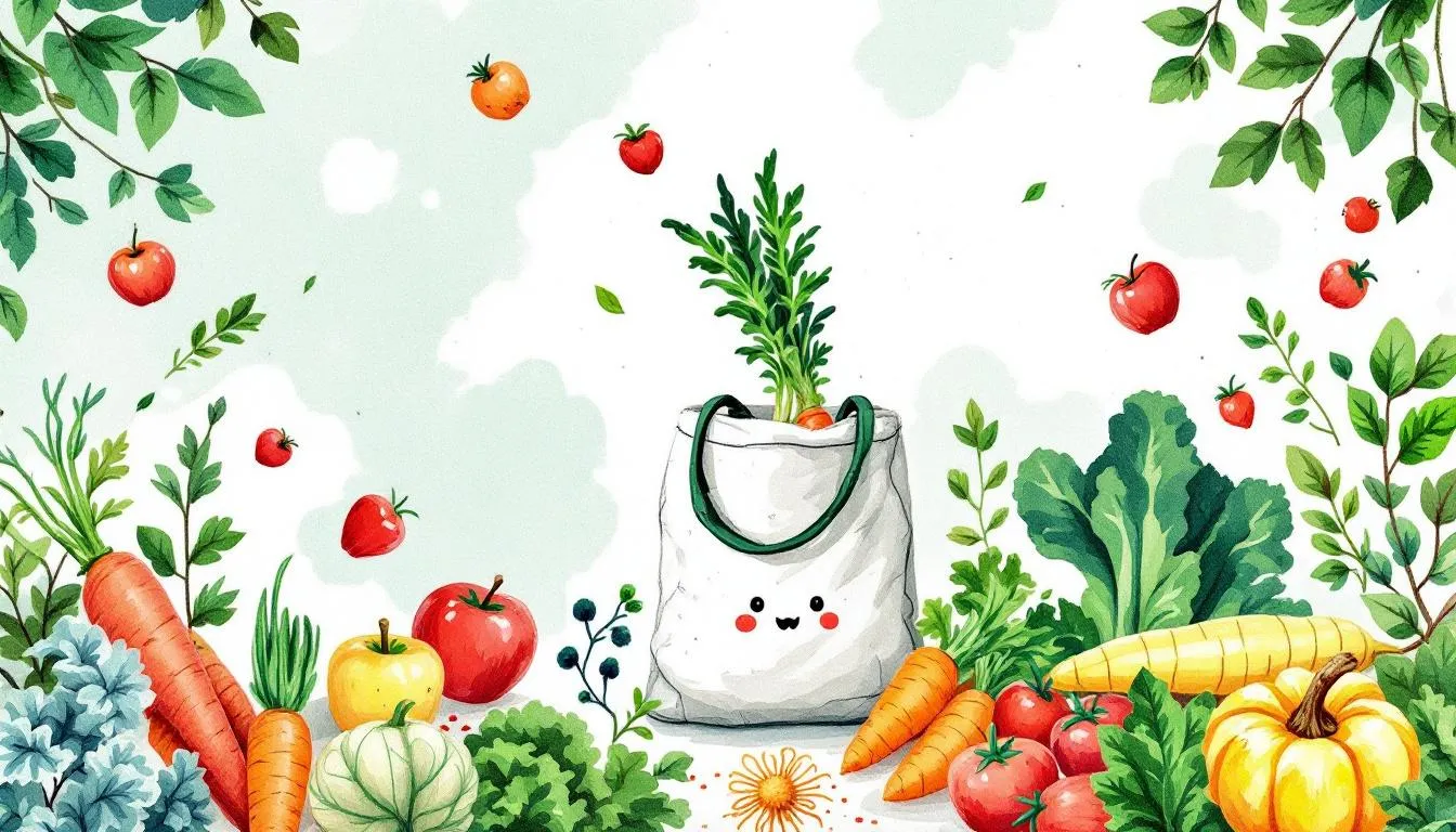 An upcycled t-shirt tote bag filled with fresh produce, representing sustainable and eco friendly gifts.