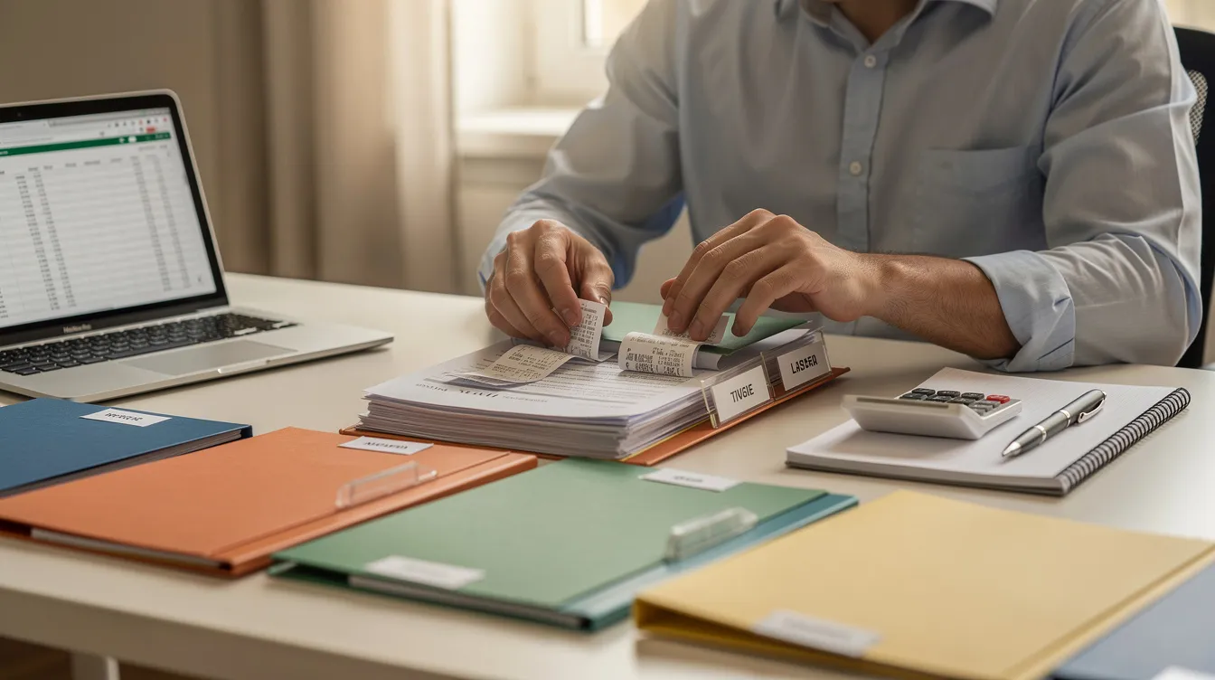 ca3a1834 39d4 4ed6 b651 17c50da623a2 The image depicts a person meticulously organizing various files and receipts on a desk, highlighting the importance of careful documentation in the loan application process, such as for a Mudra loan. This scene emphasizes the need for attention to detail when dealing with financial paperwork and communication with banks and lenders.