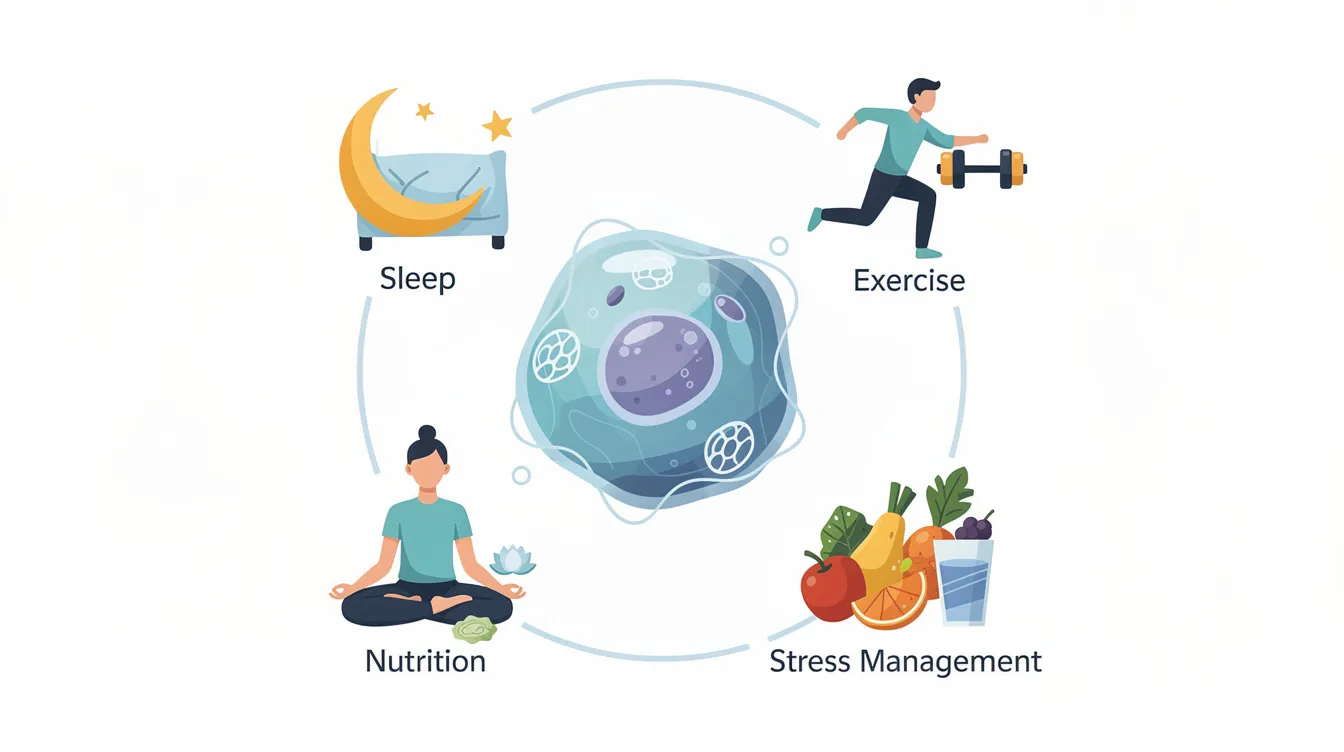 The image features a conceptual illustration depicting various lifestyle factors such as sleep, exercise, nutrition, and stress management, arranged around a central graphic of a cell. This arrangement highlights the crucial role of these factors in energy production and cellular health, emphasizing their impact on optimal NAD levels and overall wellness.