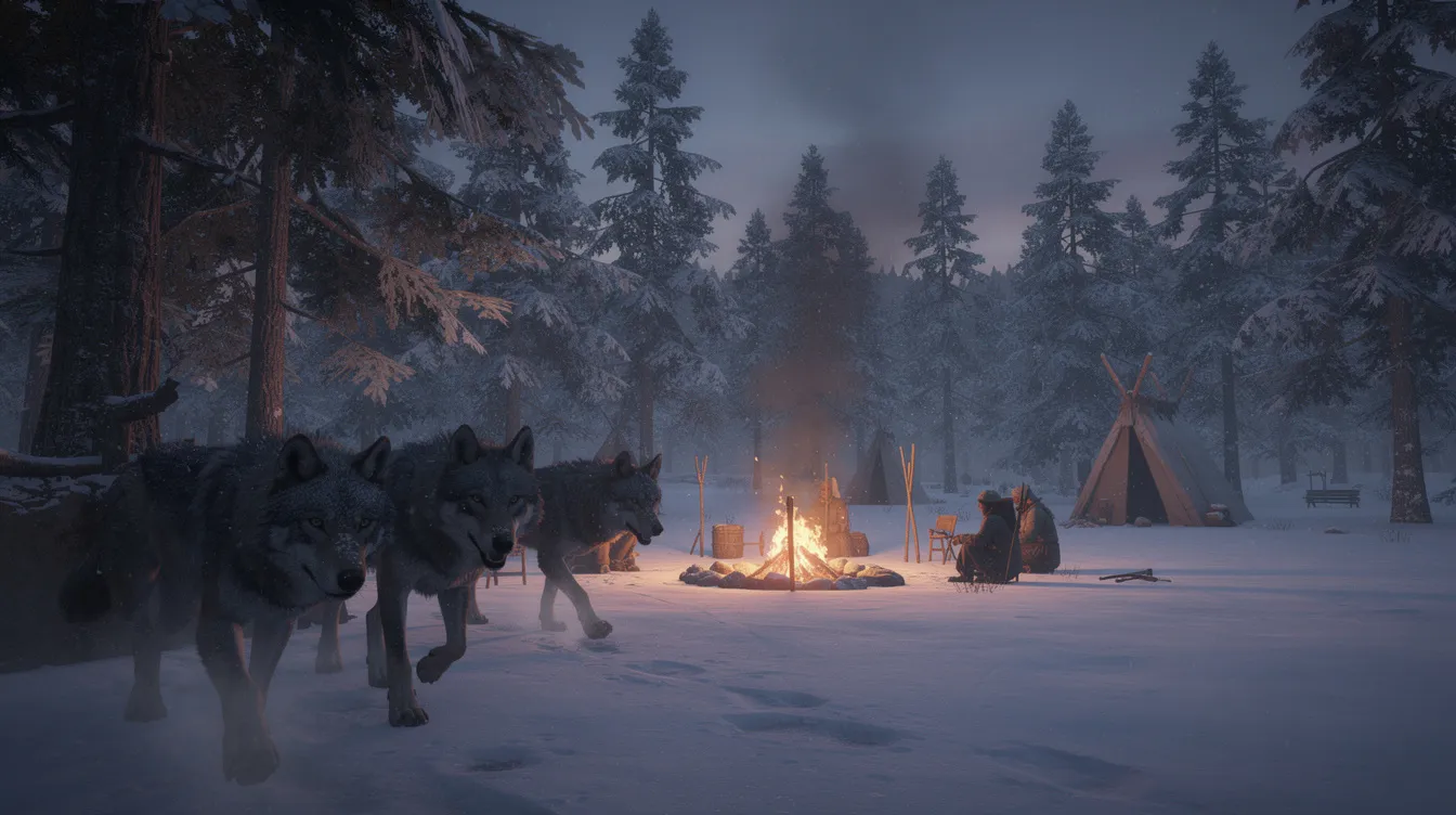 In a snowy forest at dusk, a group of ancient wolves, resembling the wild ancestors of modern dogs (Canis lupus), cautiously approaches a human campfire, their silhouettes illuminated by the flickering flames. The scene captures the primal connection between humans and their canine counterparts, highlighting the shared history of domestication and the behavior of these wild canids.