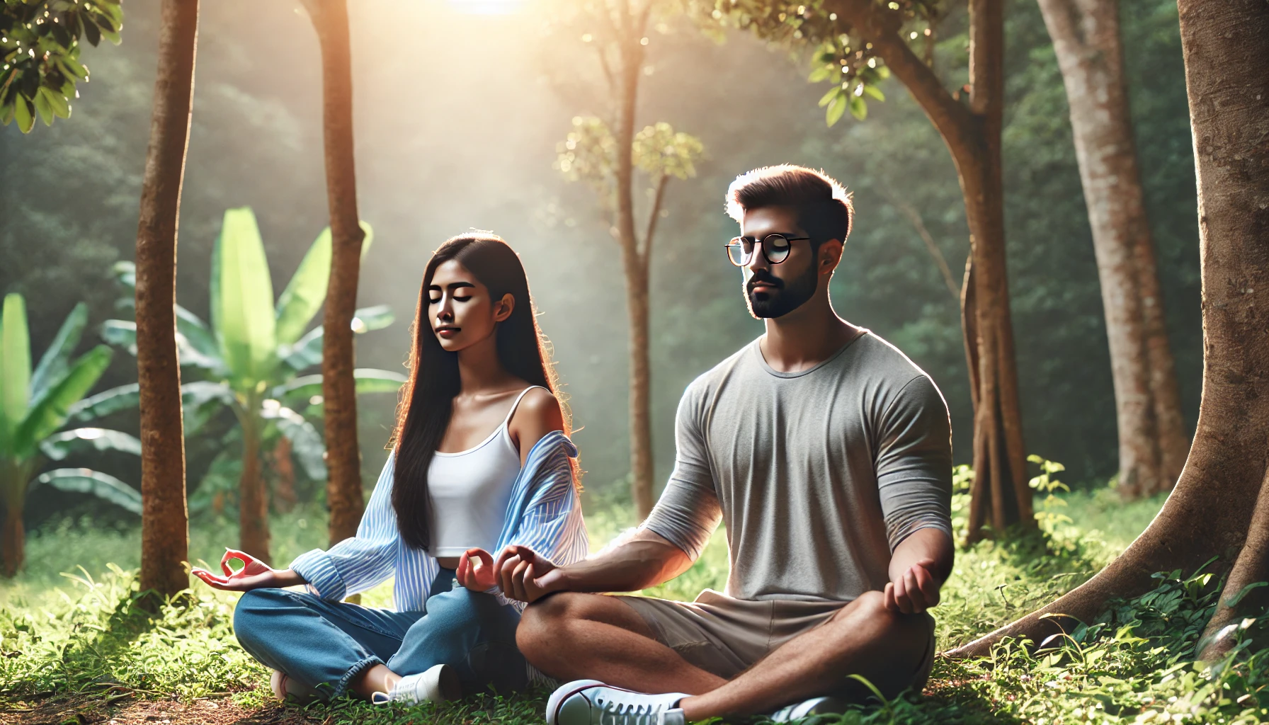 A couple meditating together showing how they balance personal growth and shared relaxation