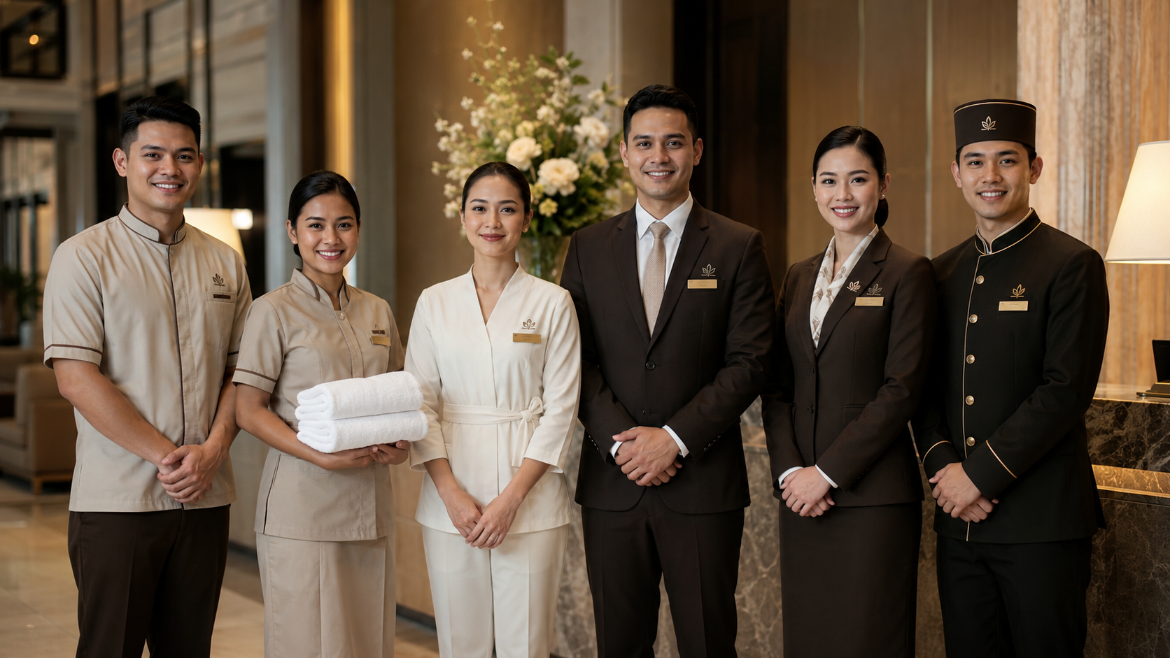 Hotel staff wearing coordinated uniforms for housekeeping, spa, front desk, and guest service roles