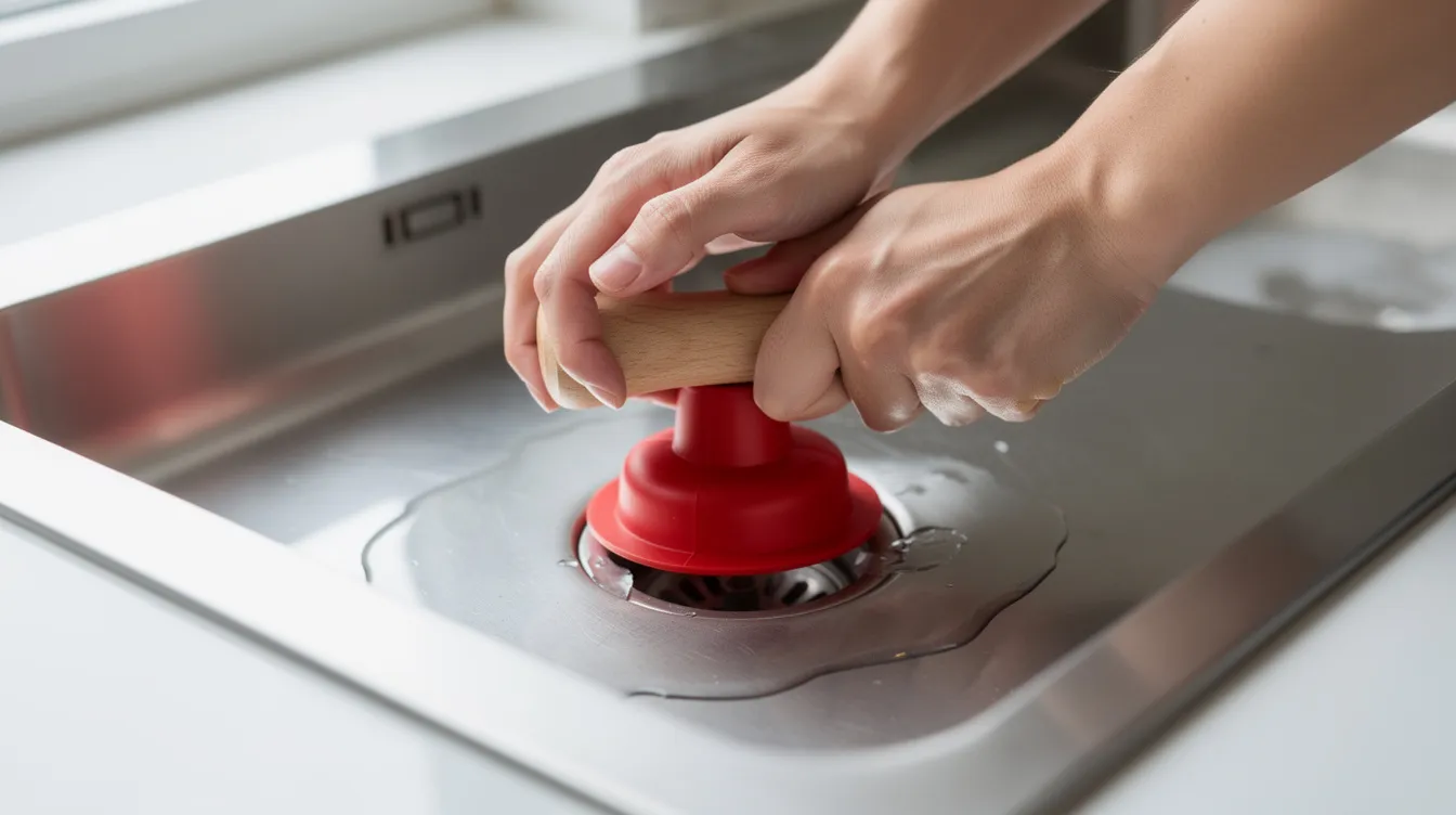 Eine Person benutzt eine Saugglocke, um einen verstopften Abfluss in einem Küchenwaschbecken zu reinigen. Die Technik zielt darauf ab, Wasser und Ablagerungen effektiv aus dem Abflussrohr zu entfernen, um das Problem der Verstopfung zu lösen.