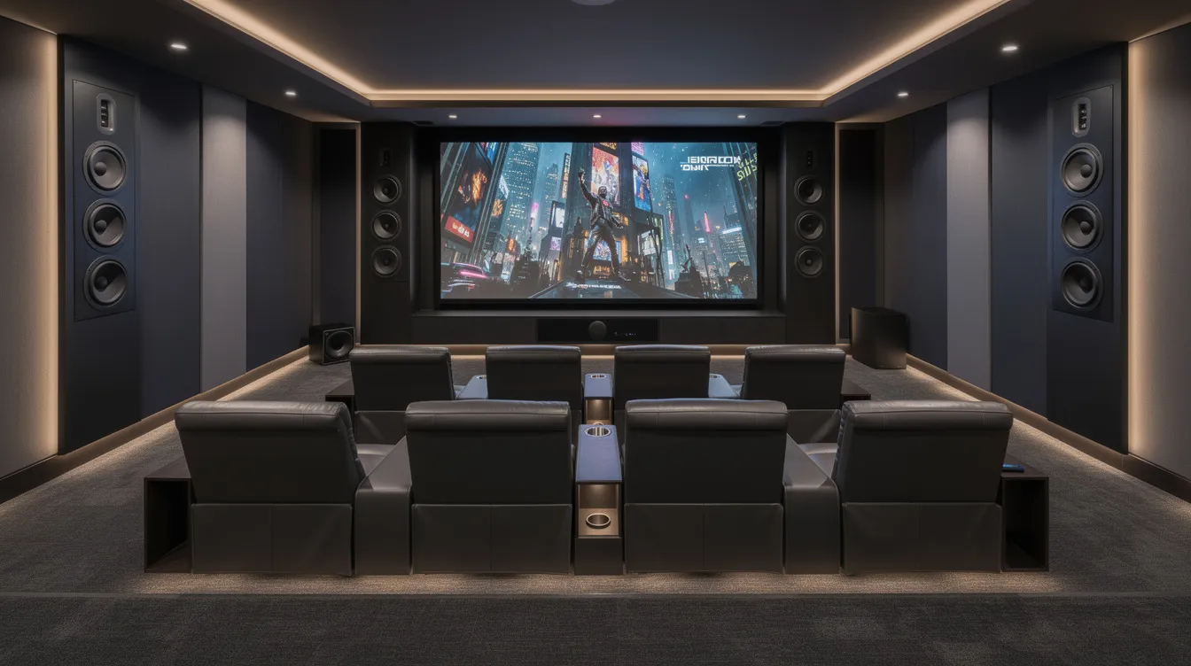 The image depicts a luxurious home theater room featuring a large 4K smart TV, surround sound speakers, and plush seating, all set in a softly lit environment perfect for enjoying live TV channels and movies. This inviting space is ideal for sports fans and entertainment lovers looking to experience high-quality viewing with the best IPTV service.