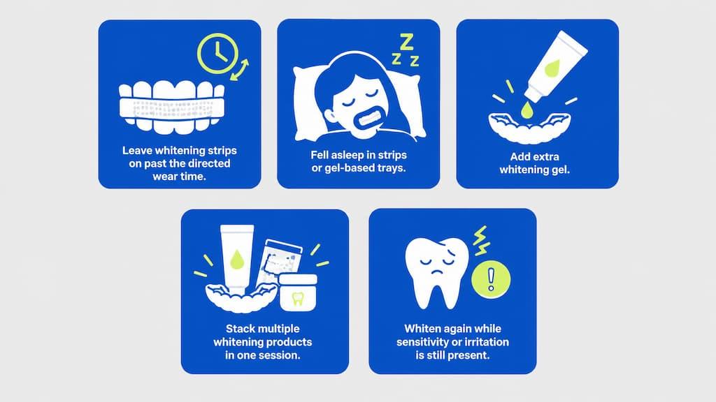 Five overexposure habits illustrated: leaving strips on past the directed wear time, falling asleep in strips or gel trays, adding extra whitening gel, stacking multiple whitening products in one session, and whitening again while sensitivity or irritation is still present