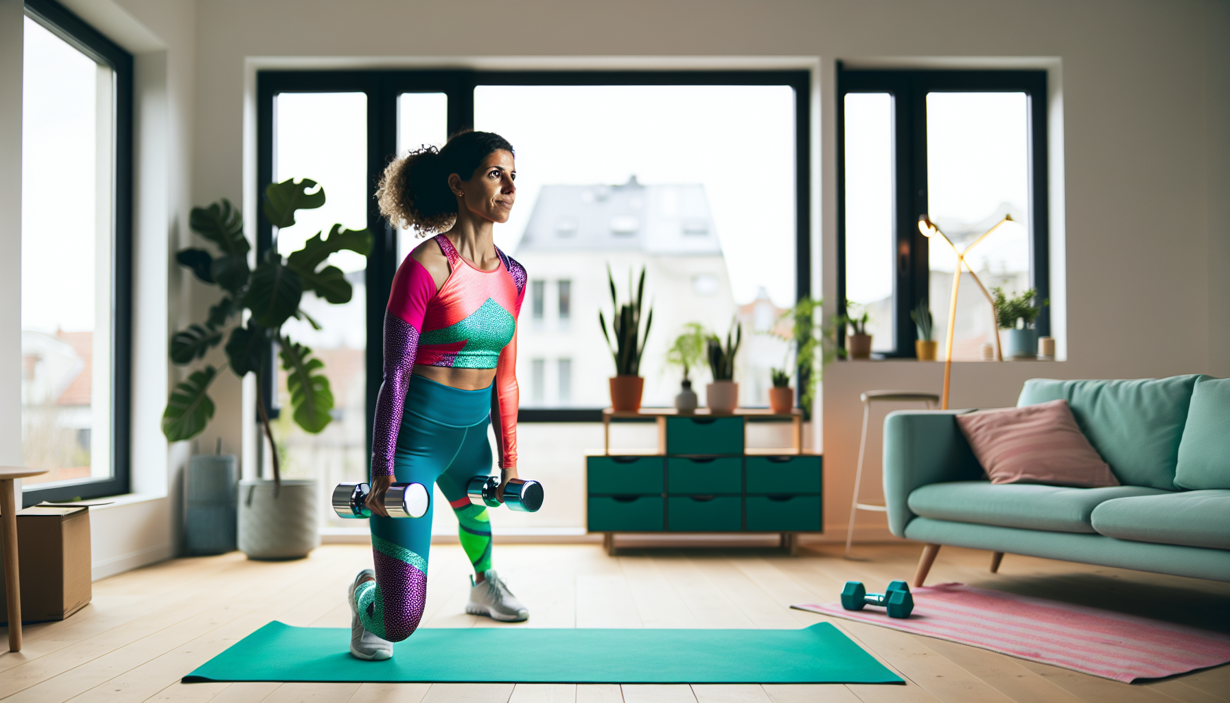 A person exercising at home with dumbbells and a yoga mat