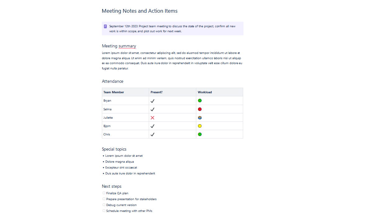 An example of a meeting notes page in Confluence.