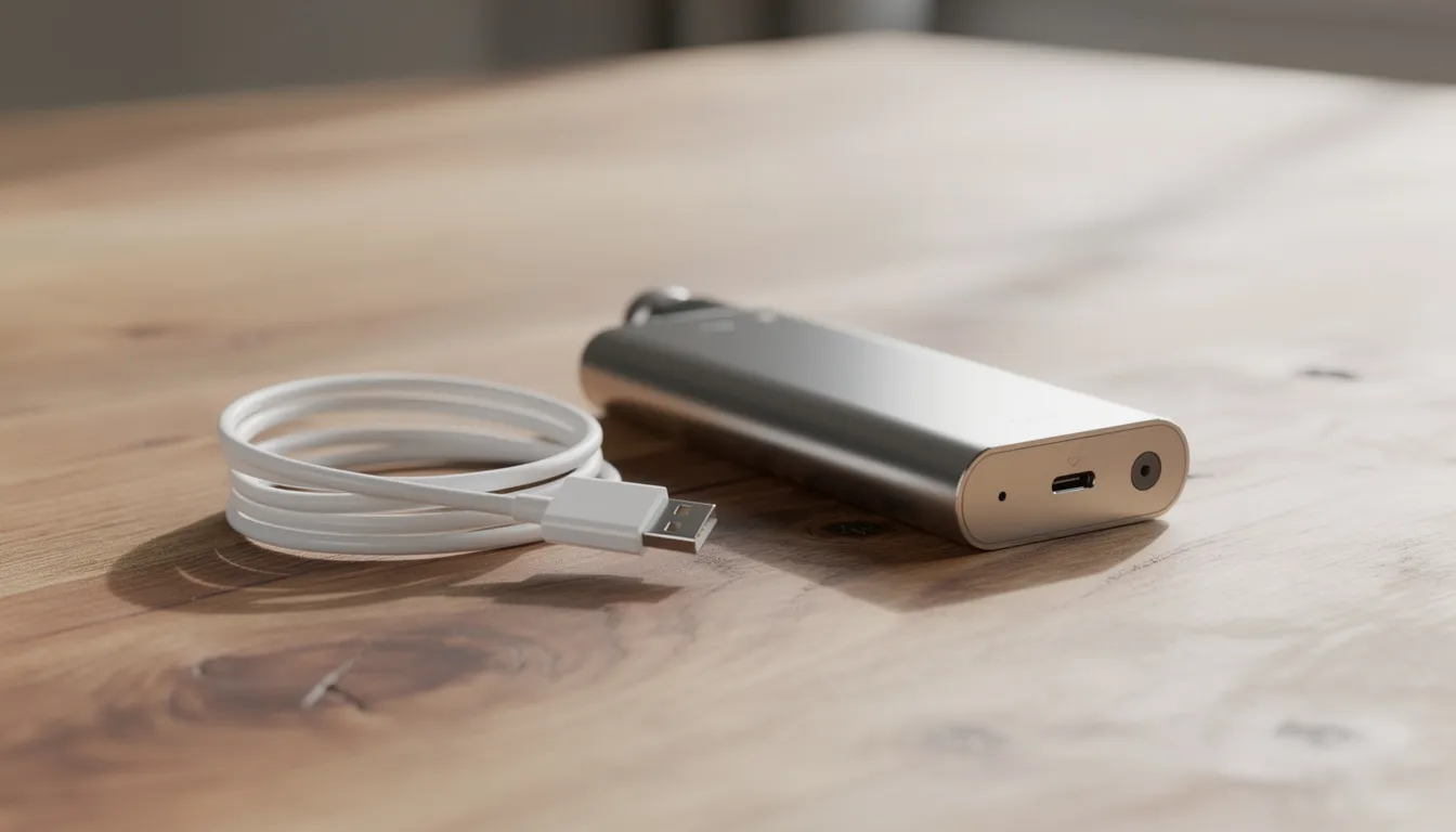 Ein portabler Vaporizer, der mit einem Ladekabel auf einem Holztisch platziert ist. Der Pax 3 Vaporizer bietet eine elegante Optik und ist für die Verwendung mit Kräutern und Konzentraten geeignet, während er durch seine Temperaturkontrolle und das haptische Feedback überzeugt.