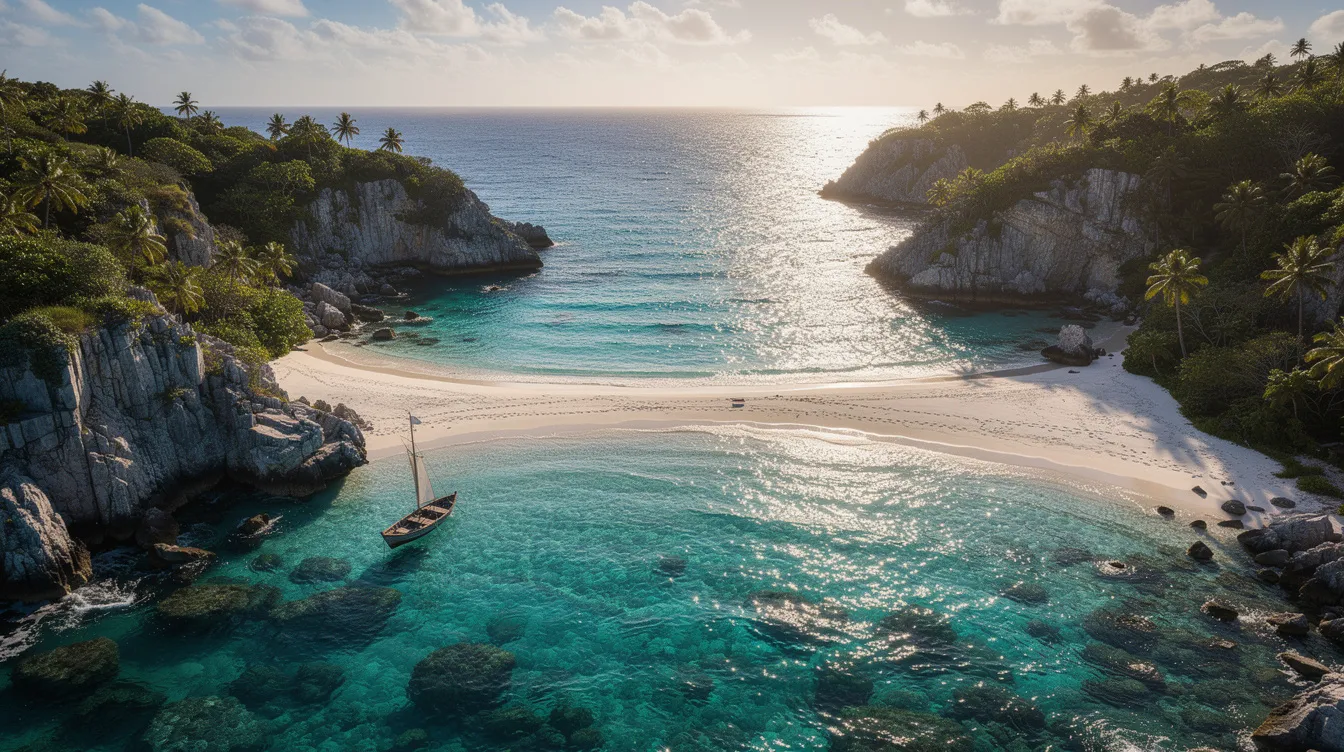 Uma cova de água azul turquesa com uma praia de areia branca, cercada por penhascos rochosos, em um cenário caribenho que remete às paradisíacas praias de Curaçao. Este destino é ideal para quem busca uma experiência de férias relaxante e cheia de beleza natural.