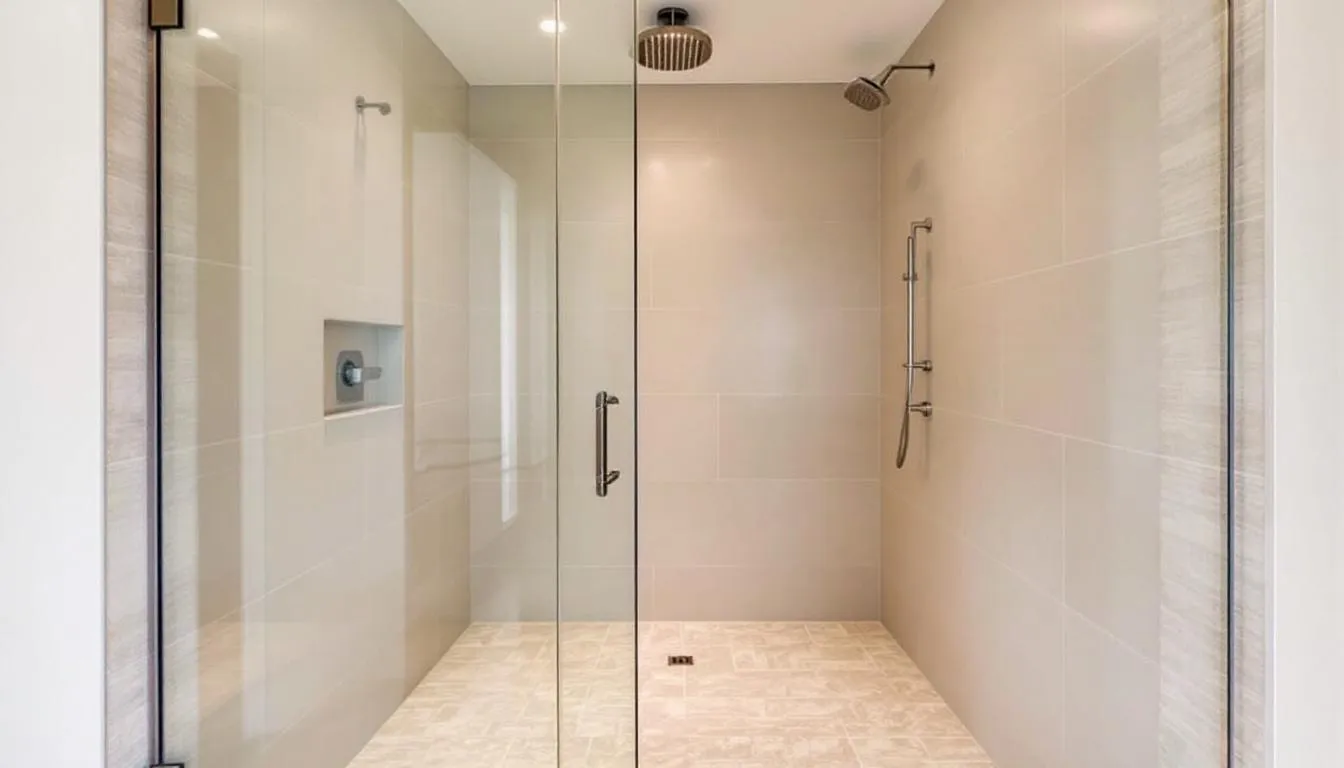 A spacious walk-in shower with modern fixtures and a sleek design.