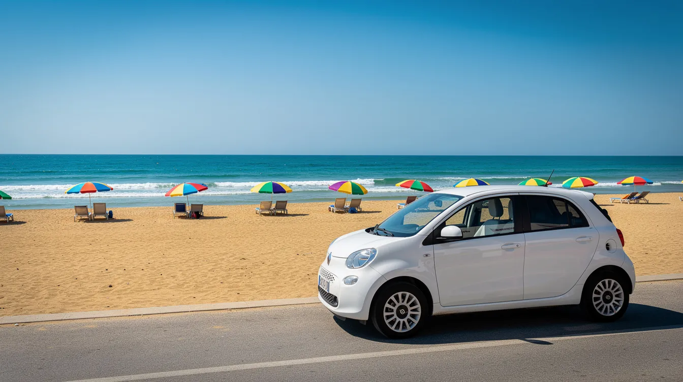 Une petite voiture blanche garée devant une plage de sable à Bouznika.