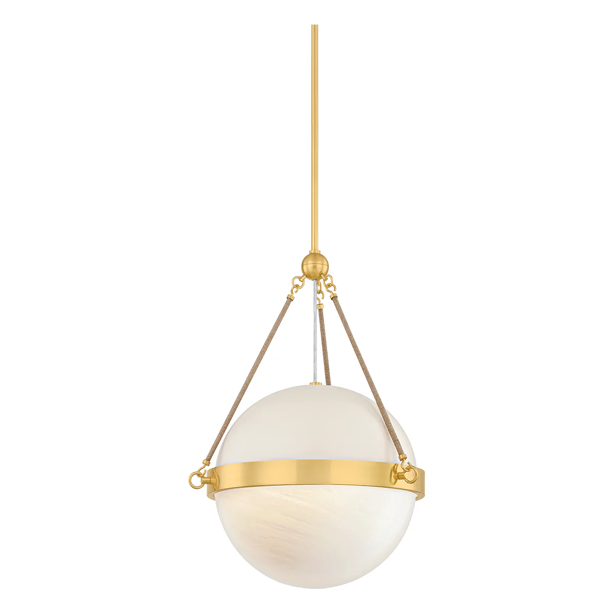 Abbie 1-Light Pendant with a suspended alabaster globe and gold metal detailing.