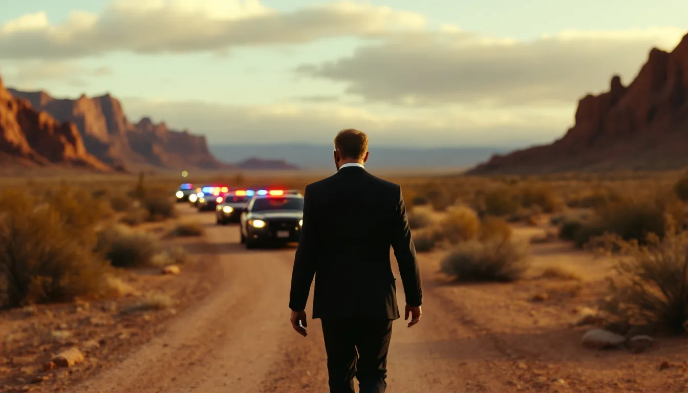 A client is walking away from a scene filled with blurred police cars, set against the beautiful backdrop of New Mexico, while on the phone calling his attorney to discuss potential civil rights violations. The image captures a moment of seeking legal help amidst a tense situation, highlighting the importance of representation in the legal process.