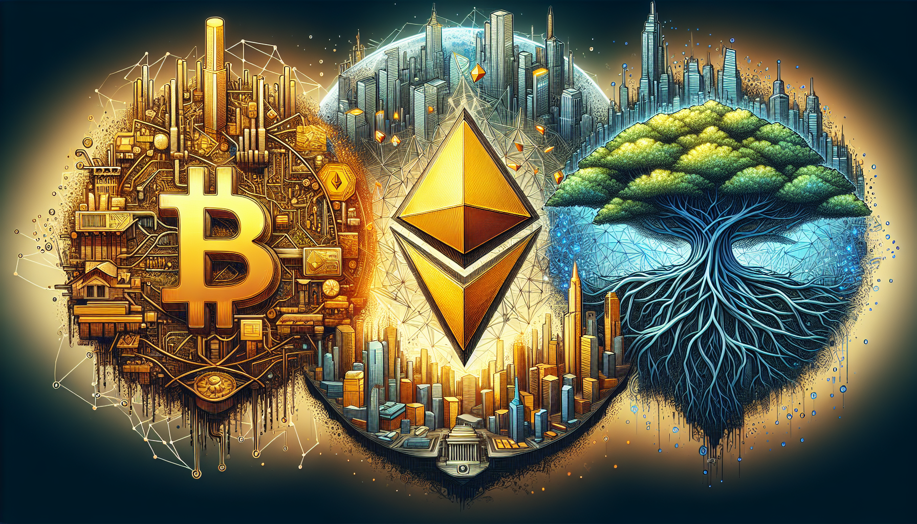 Creative illustration featuring major Layer 1 blockchains such as Bitcoin, Ethereum, and Cardano