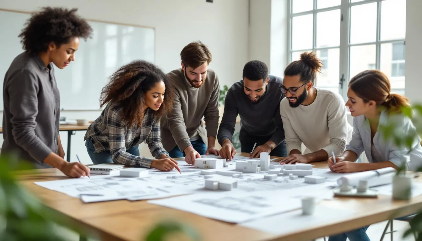 A diverse group of architecture students collaborates around a table, reviewing detailed building plans and models, showcasing their engagement in an architecture program. This interaction highlights their pursuit of knowledge and skills necessary for potential career opportunities in the field of architecture.