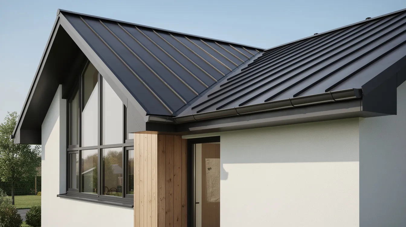 A close-up view of a modern residential home showcases a dark gray standing seam metal roof, characterized by its clean rooflines and sleek metal panels, set against a bright blue sky. The durable metal roofing materials are designed to withstand severe weather conditions while providing energy efficiency and low maintenance.