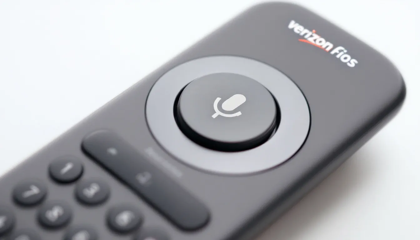 The image shows a close-up view of the Fios TV Voice Remote, highlighting its button layout, including the prominent voice search button and navigation ring. The remote features various controls such as volume, power, and menu options, designed for easy interaction with Fios TV and compatible devices.