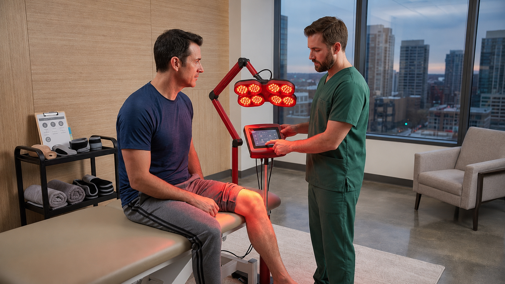Clinician reviewing tablet controls for a red light panel treating a patient's knee in a modern PT office
