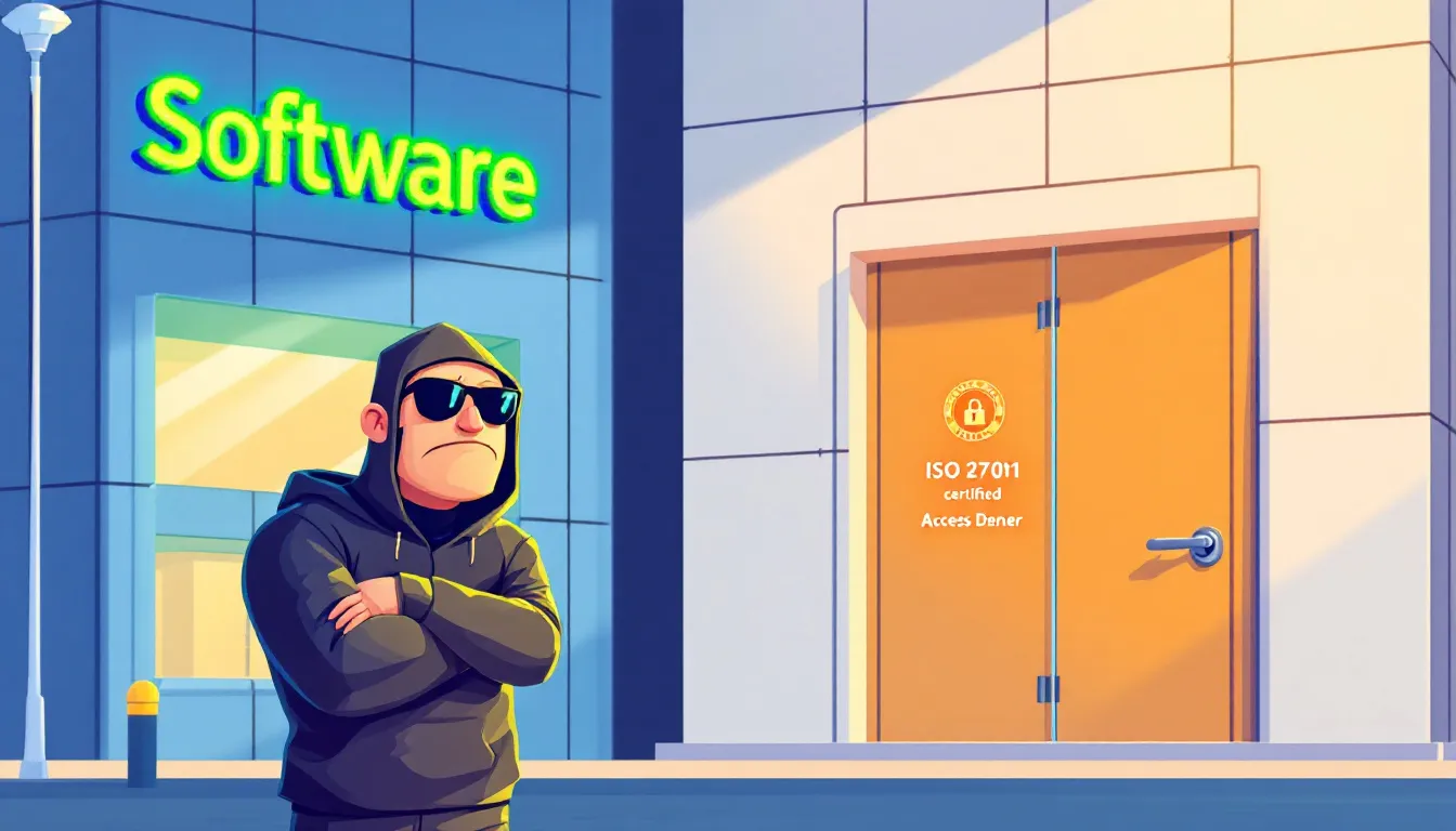 A digital illustration depicts a secure "Software" building with a prominent "ISO 27001 certified" sign on its sturdy door, symbolizing strong data security measures. In front, a disappointed shady burglar in a dark hoodie, holding a laptop labeled "HACKER," illustrates the challenges posed by software security solutions in preventing unauthorized access to sensitive information.