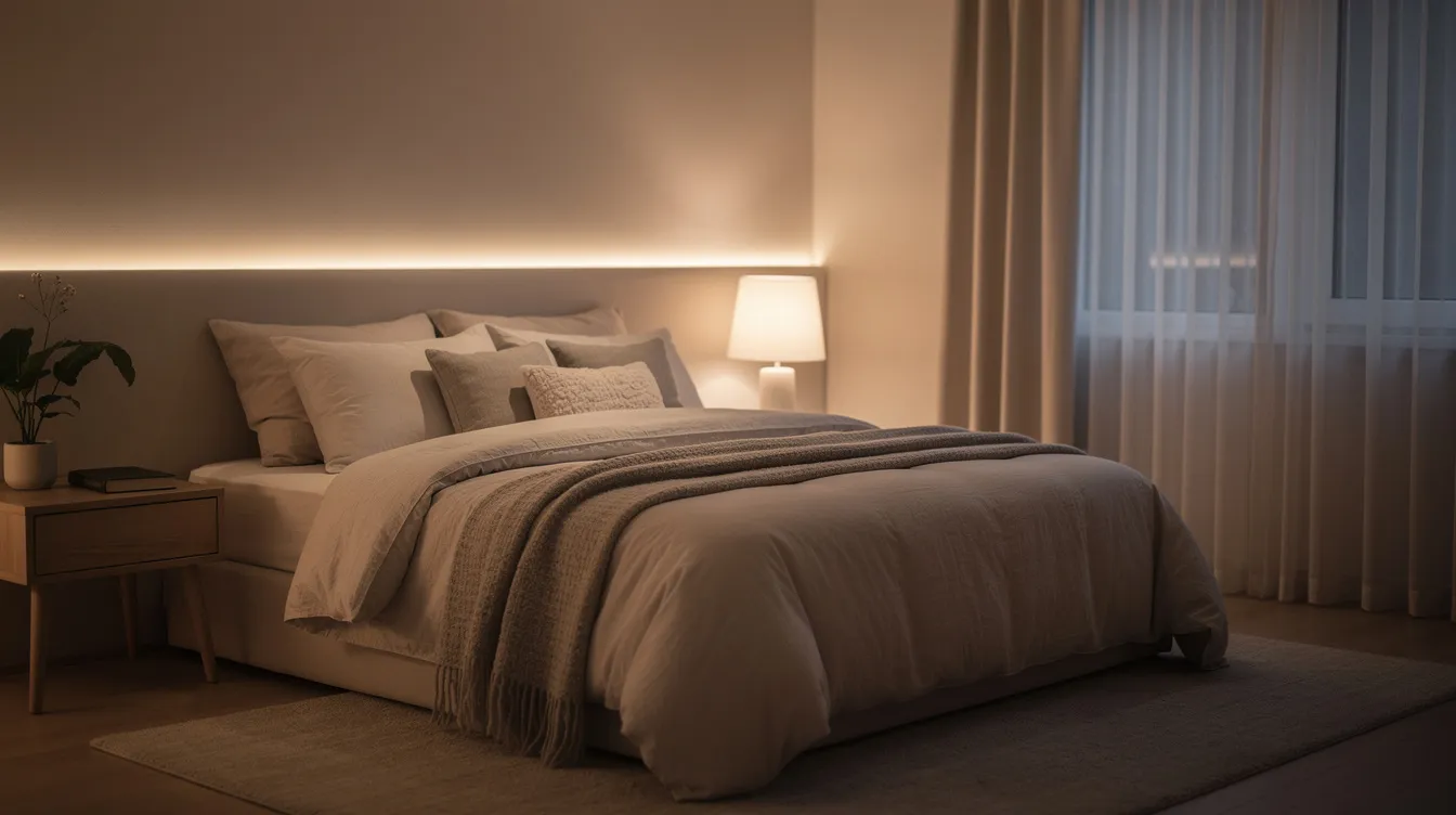 The image depicts a calm bedroom with soft lighting and comfortable bedding, creating a serene environment conducive to healthy sleep habits. This tranquil setting can help minimize sleep disturbances and promote a consistent sleep schedule for better overall sleep quality.