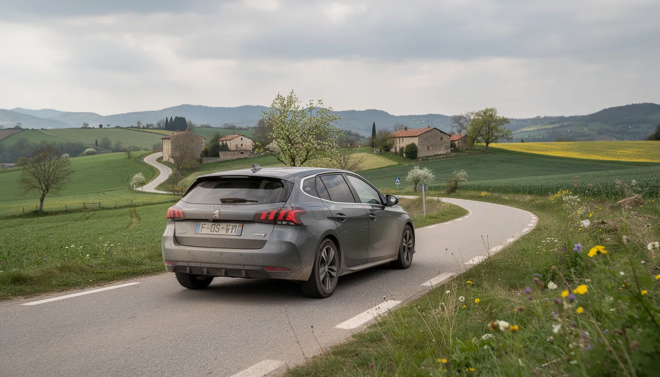 Une voiture de location est garée sur une route de campagne européenne, entourée de paysages verdoyants et de champs. Cette image évoque le service de location de véhicule proposé par Europcar, idéal pour explorer des pays comme la France, l'Allemagne ou l'Espagne.