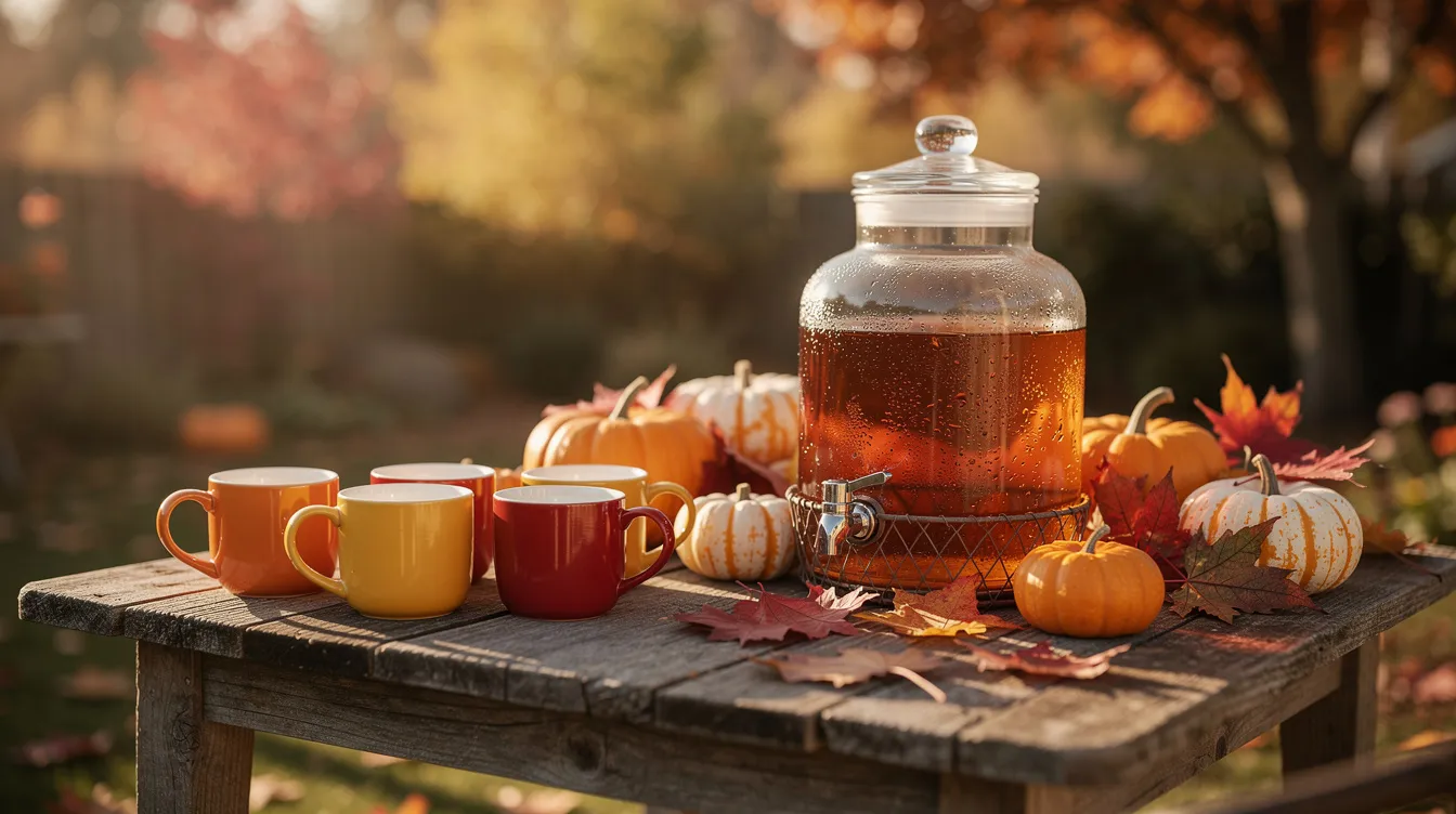 The image depicts a rustic wooden table outdoors adorned with warm-toned mugs and a glass dispenser filled with amber hot apple cider, surrounded by small pumpkins and vibrant autumn leaves, creating a cozy atmosphere perfect for a fall get-together. The scene evokes a sense of warmth and celebration, ideal for serving homemade cider and treats to guests.